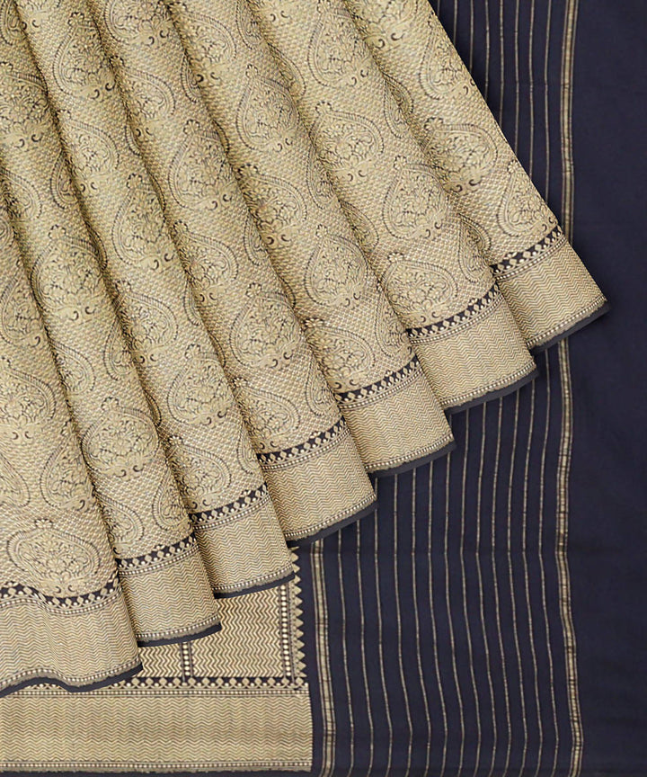 Cream dark navy blue handwoven katan silk banarasi saree