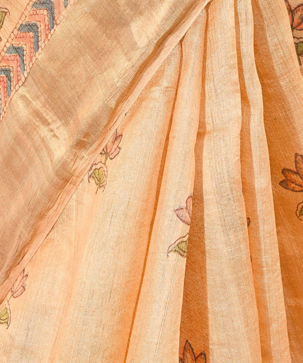 Beige tussar silk hand block print saree with zari border