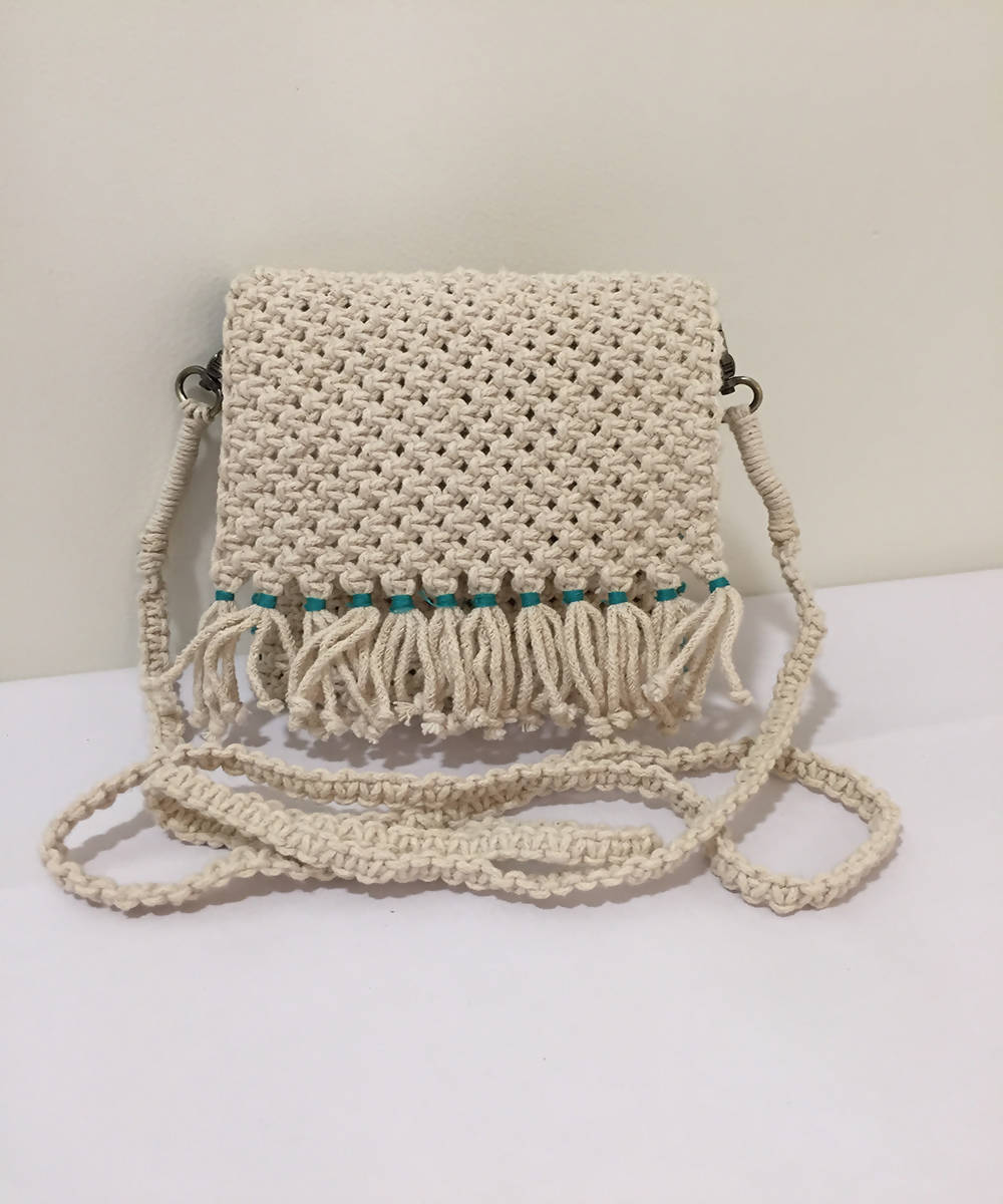 Ivory white cotton hand knotted sling bag
