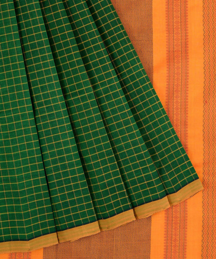 Bottle green kanjivaram silk cotton thread work checks saree