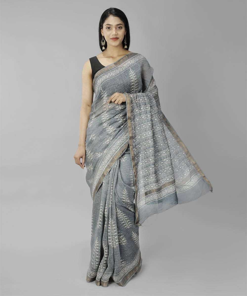 Light grey bagru handblock printed linen saree