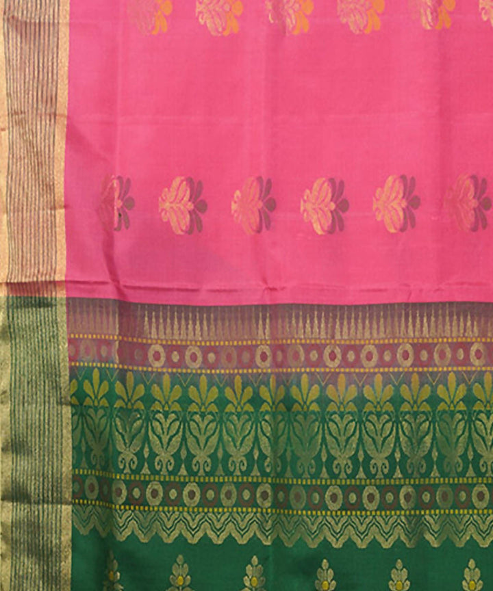 Peach Pink Green Handloom Soft Silk Saree