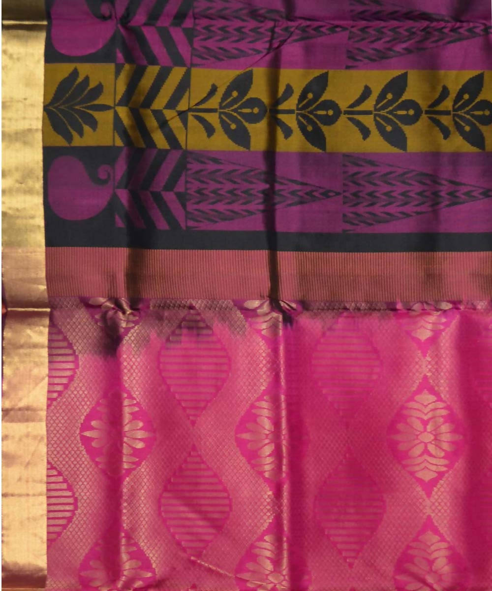 Black, Pink and Yellow Handloom Brocade Work Soft Silk Saree