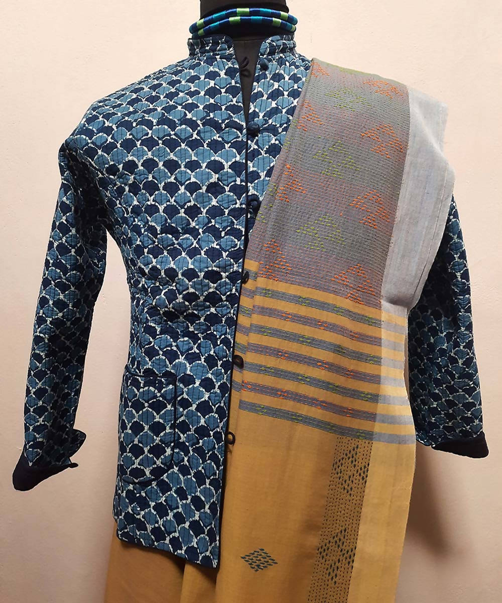 Black and blue block printed reversible jacket with cotton quilting