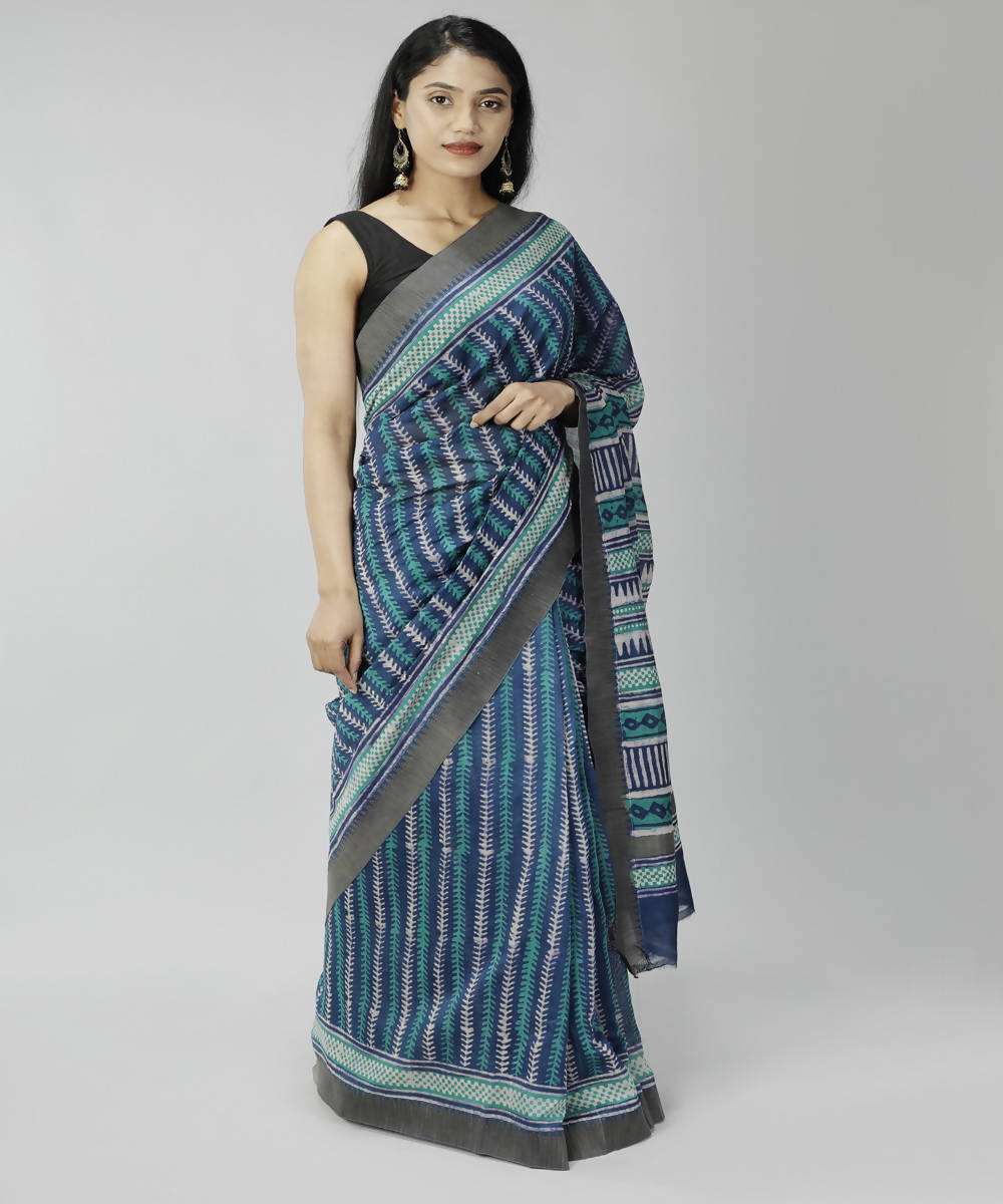 Cyan blue bagru handblock printed cotton silk saree