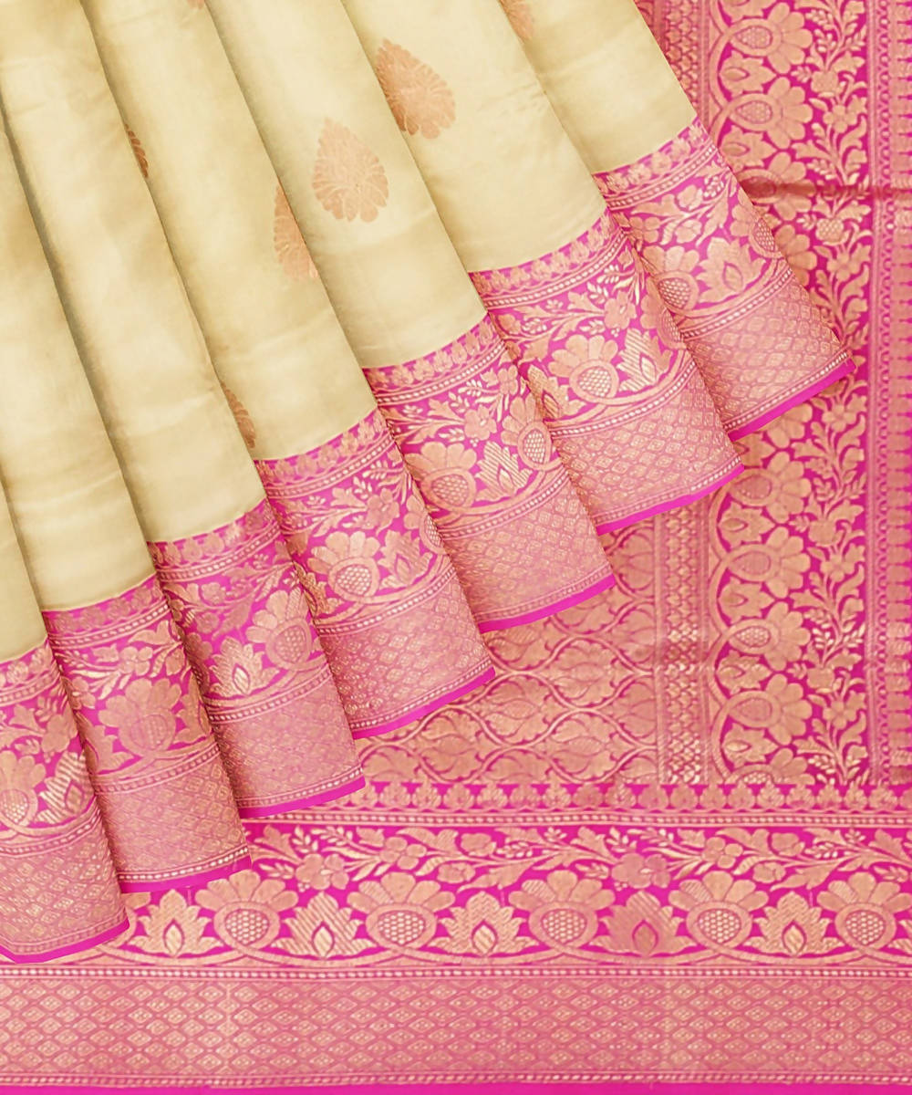 Cream pink handwoven silk banarasi saree