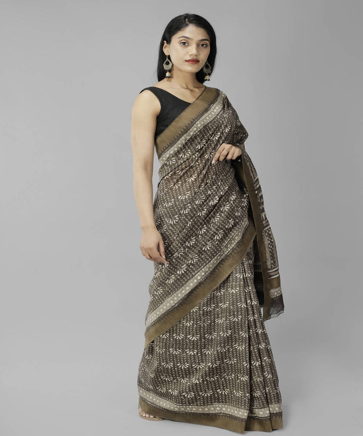 Dark brown bagru handblock printed cotton silk saree