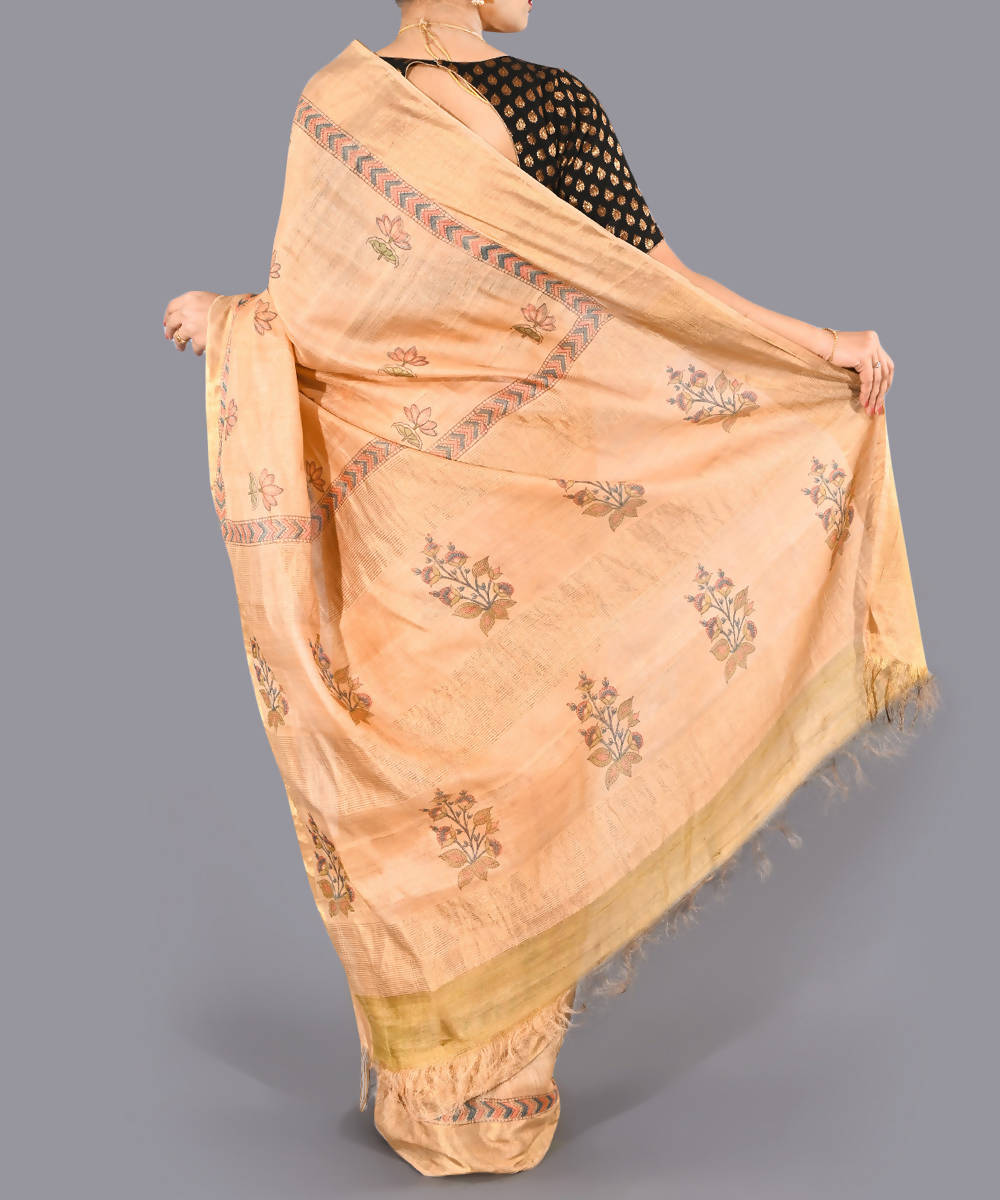 Beige tussar silk hand block print saree with zari border