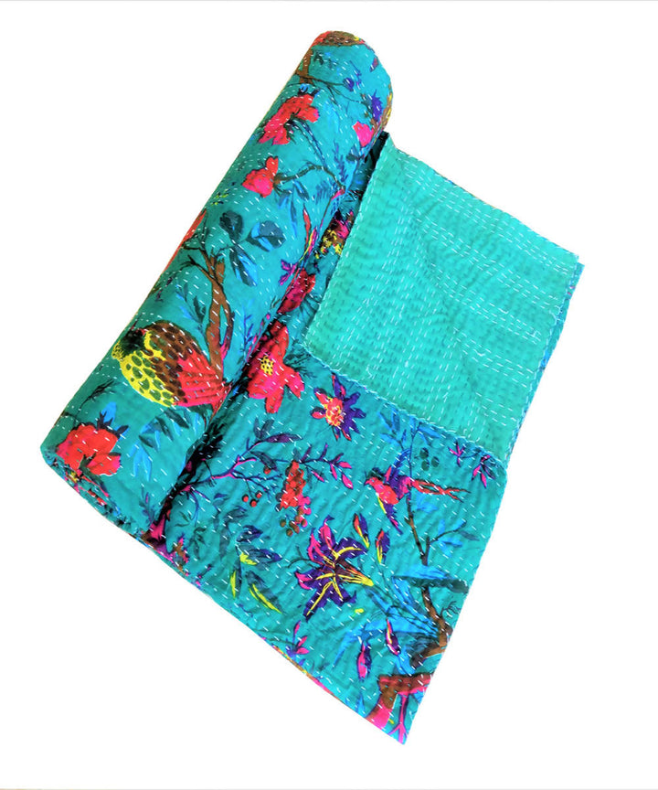 Blue kantha work double layered cotton bedcover (Single Bed)