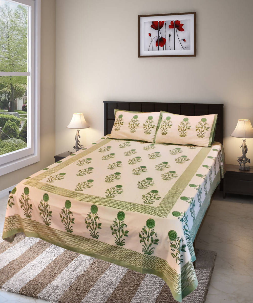 Off white green hand block printed cotton bedsheet with pillow covers