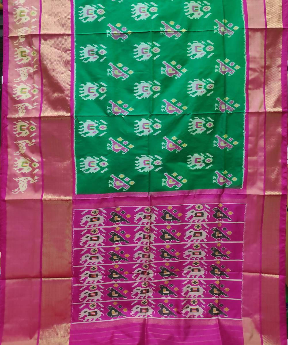 Dark green and pink handwoven ikat silk pochampally saree