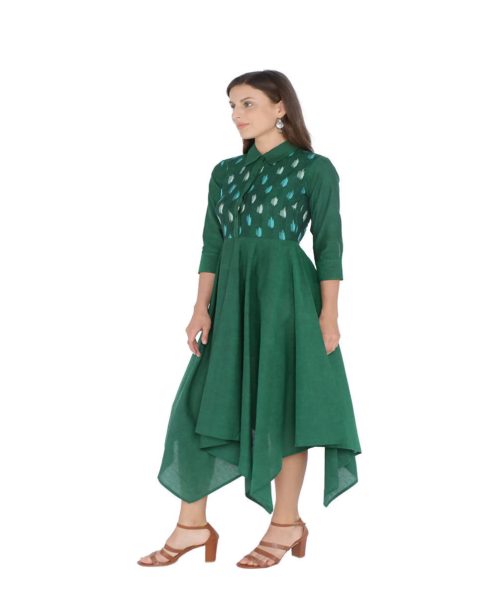 Mangalagiri cotton dress in emerald green with an ikat yoke