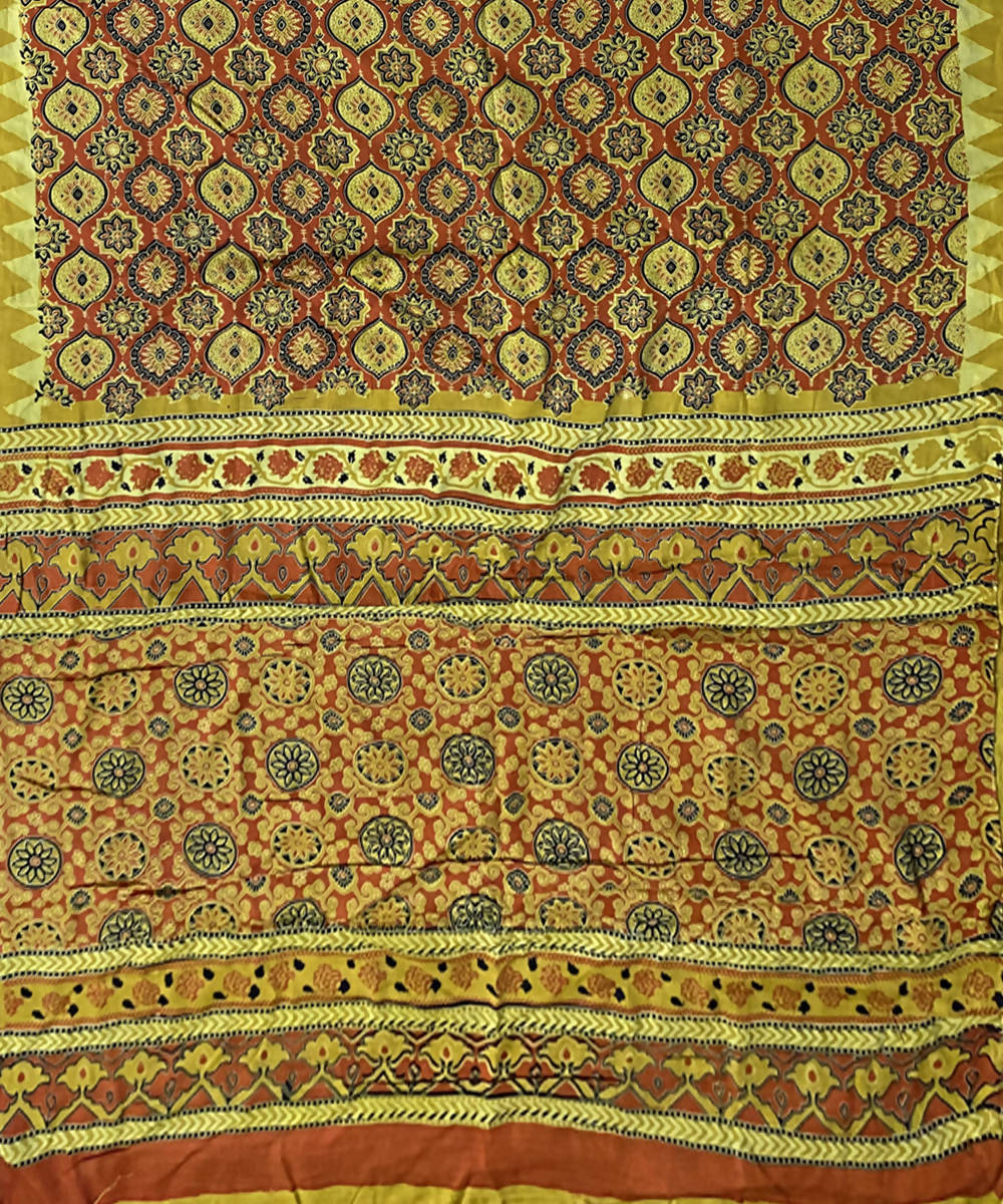 Yellow handblock print Silk saree