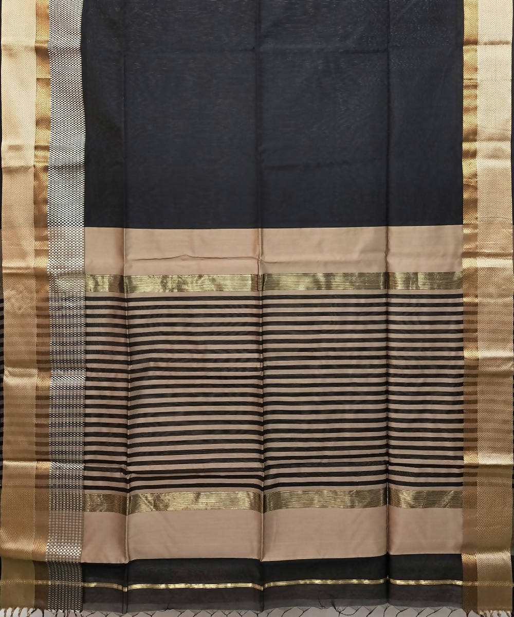 Charcoal black gold handwoven cotton silk maheshwari saree
