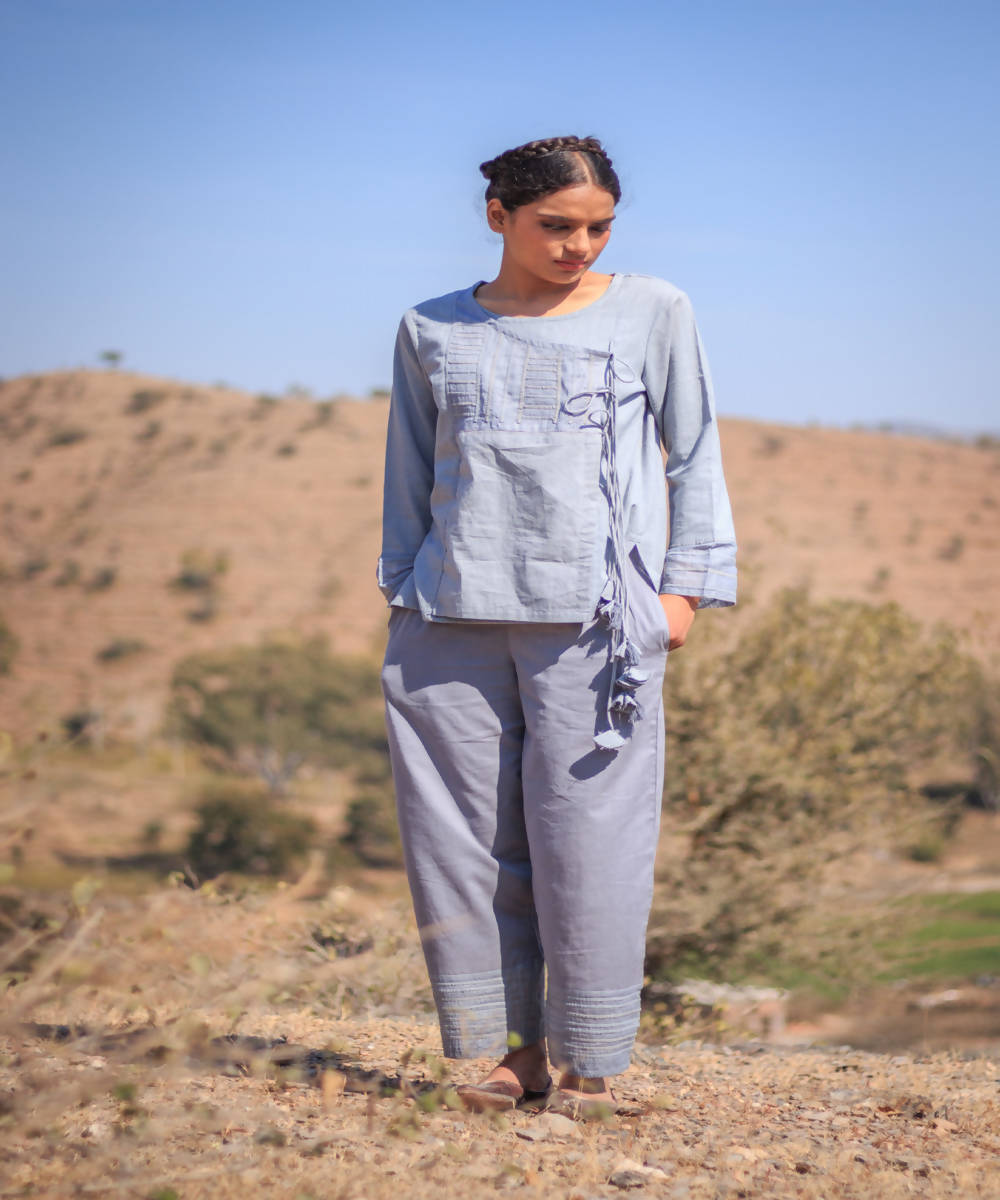 Grey cotton handcrafted womens straight pants with embroidery