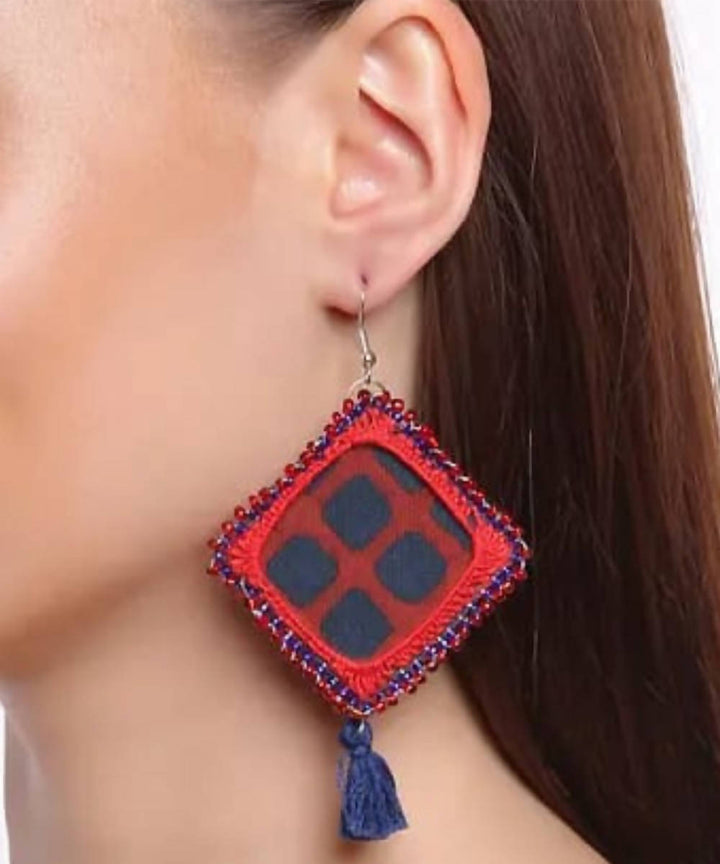 Blue red checks beaded earring