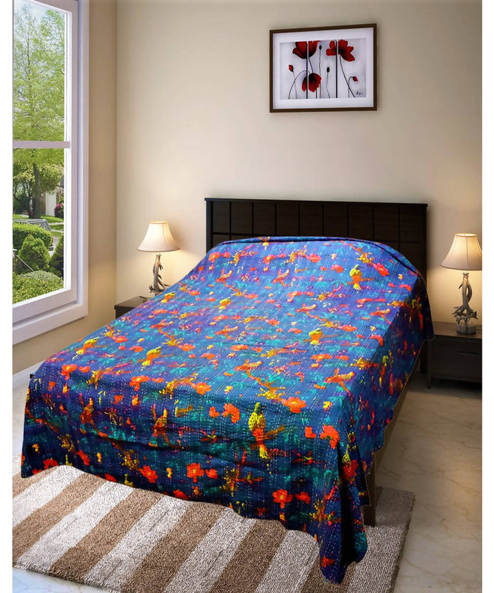 Navy blue kantha work double layered cotton bedcover (Double Bed)