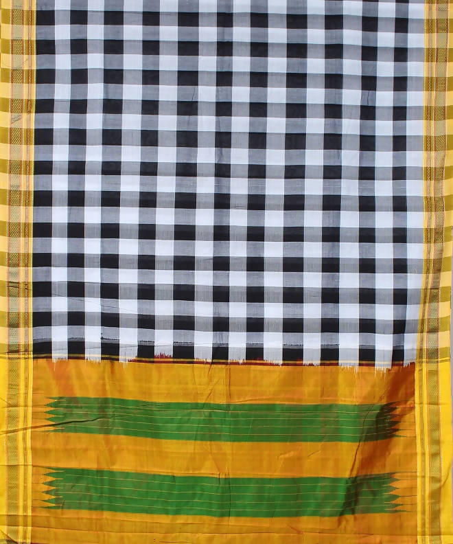 White black checks handwoven chikki paras yellow border ilkal saree