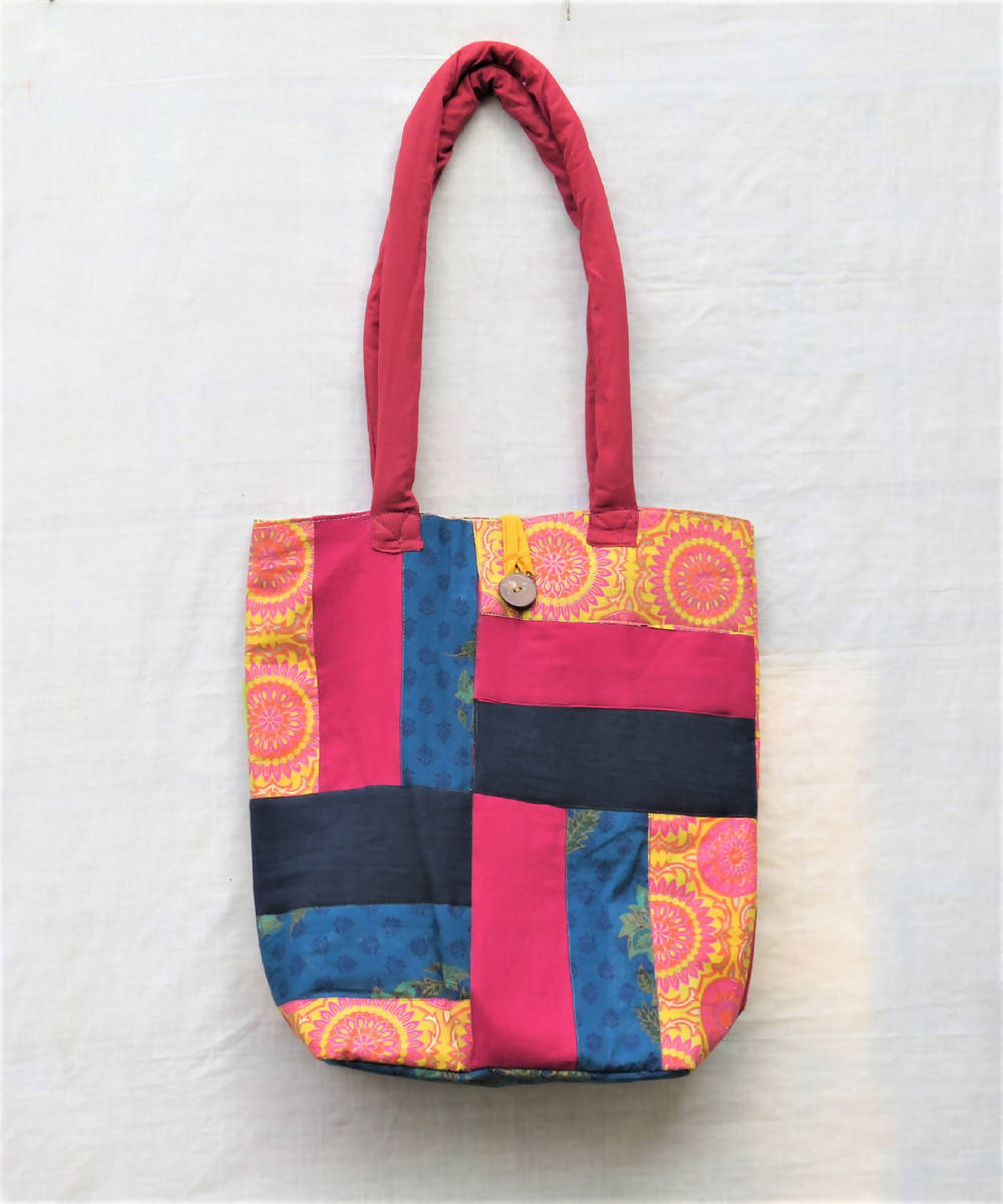 Pink multicolor handcrafted katran cotton bag