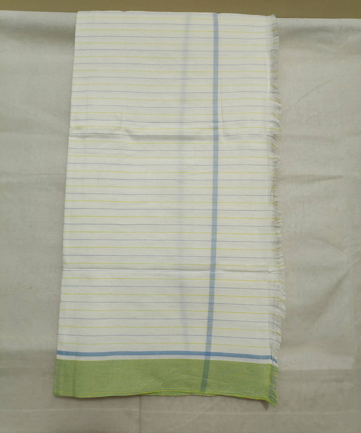 White and pear green stripes handwoven cotton towel