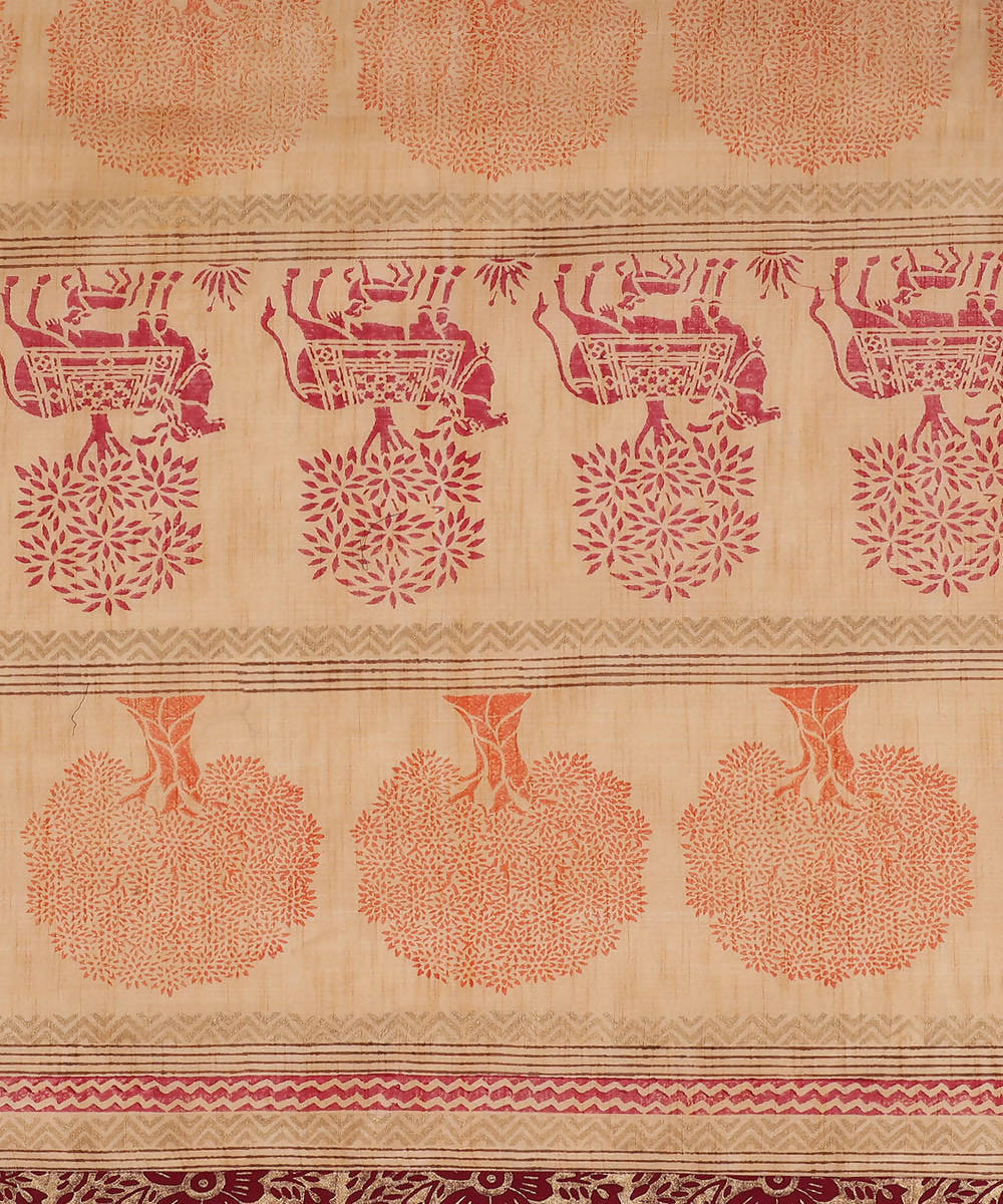 Cream Peach Cotton Hand Block Printed Saree