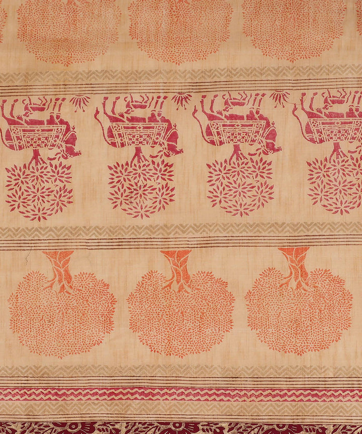 Cream Peach Cotton Hand Block Printed Saree