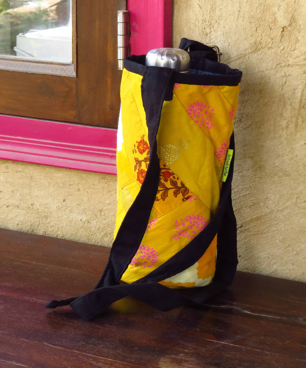 Yellow black canvas and katta upcycled bottle bag