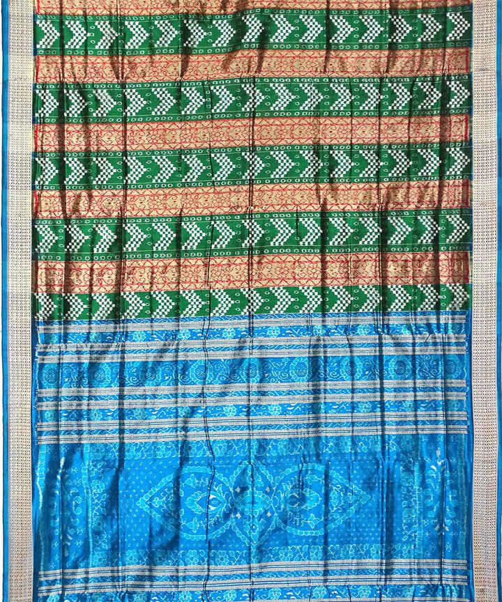Green and blue handwoven ikat silk bomkai saree