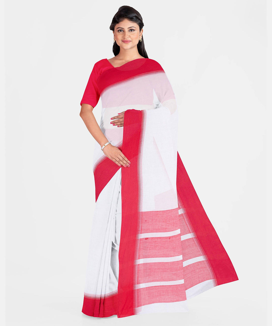 Biswa bangla handwoven white mercerised cotton saree