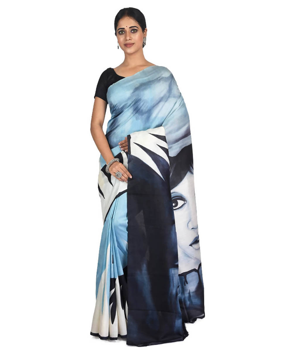 White and black hand painted handwoven mulberry silk saree