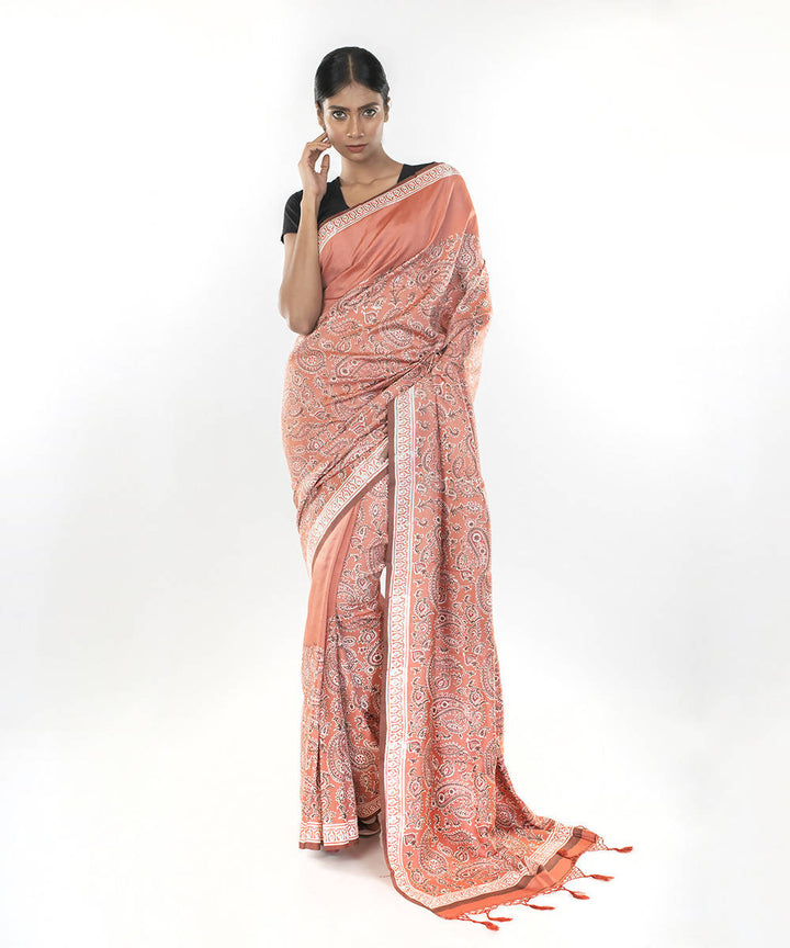 Light orange hand block print bengal silk saree