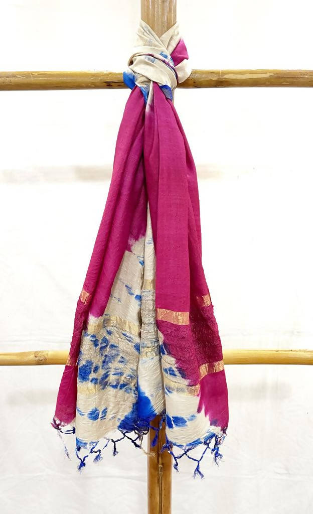 Pink and white tussar silk handwoven tie and dye stole
