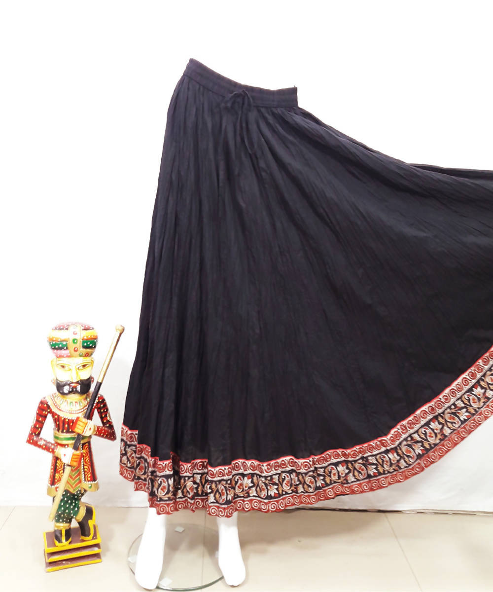 Black with handblock kalamkari printed border cotton crinkled skirt