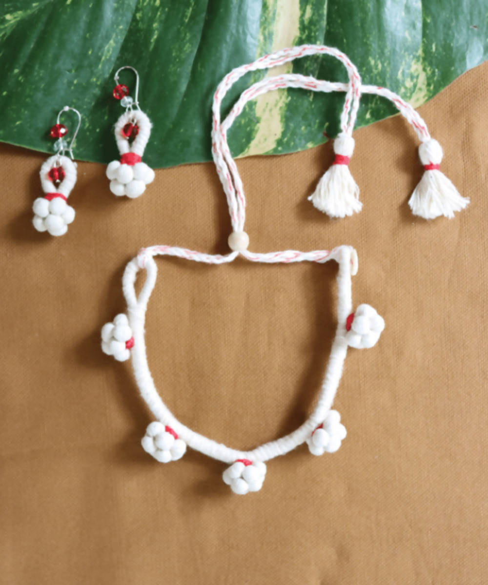 Cream and red handmade cotton necklace