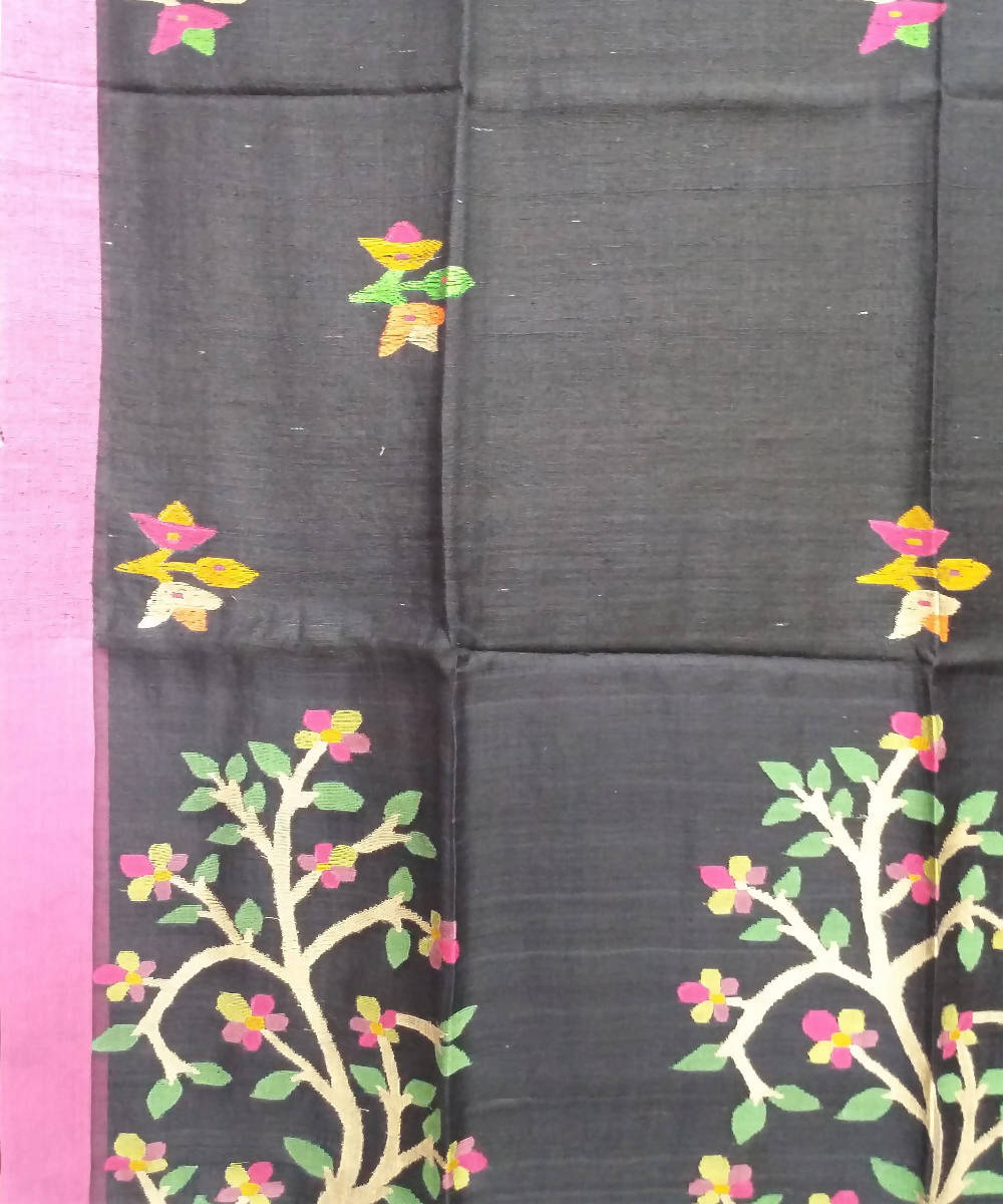Black Handwoven Matka Silk Jamdani Bengal Saree