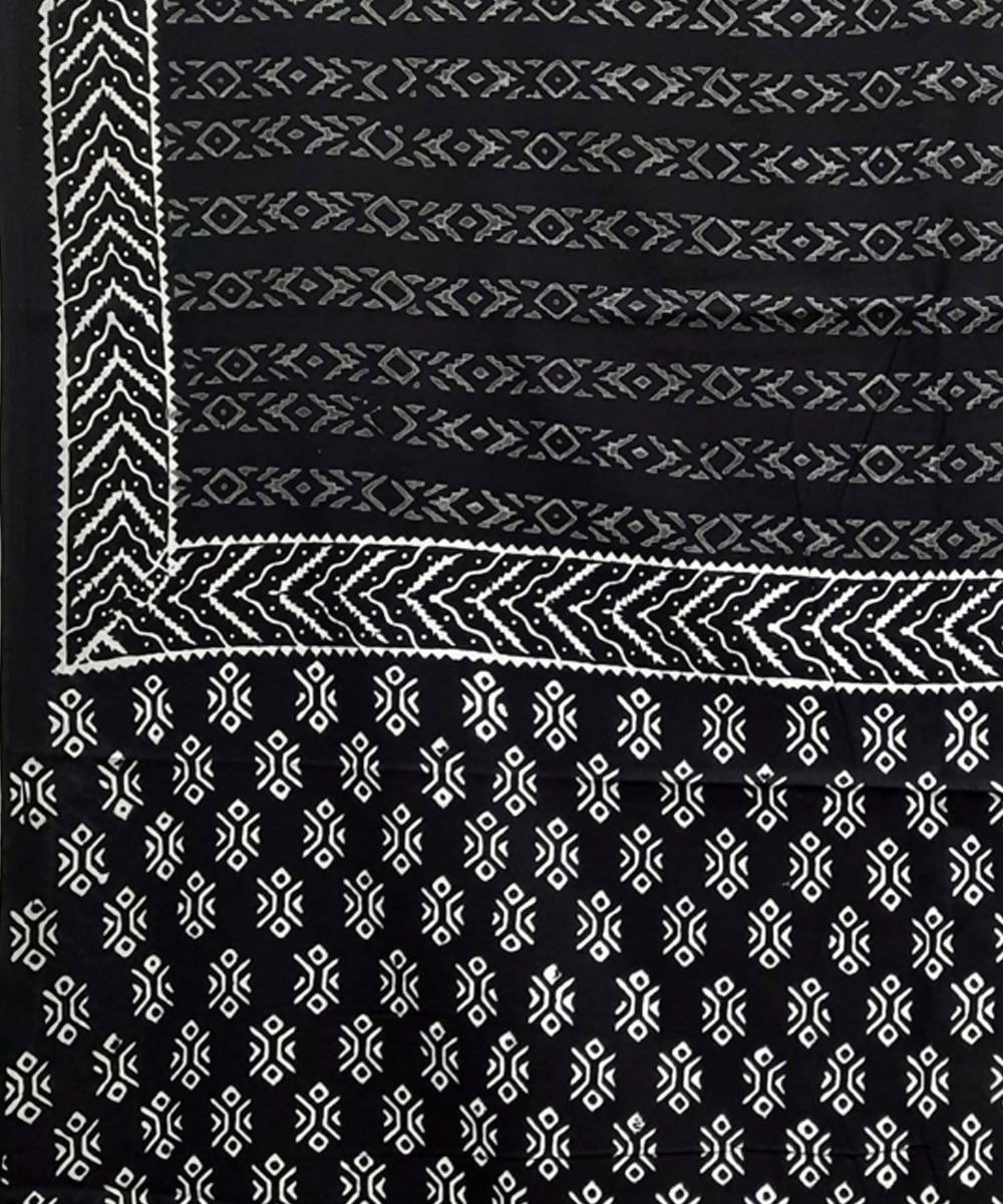 Black white hand block print cotton saree