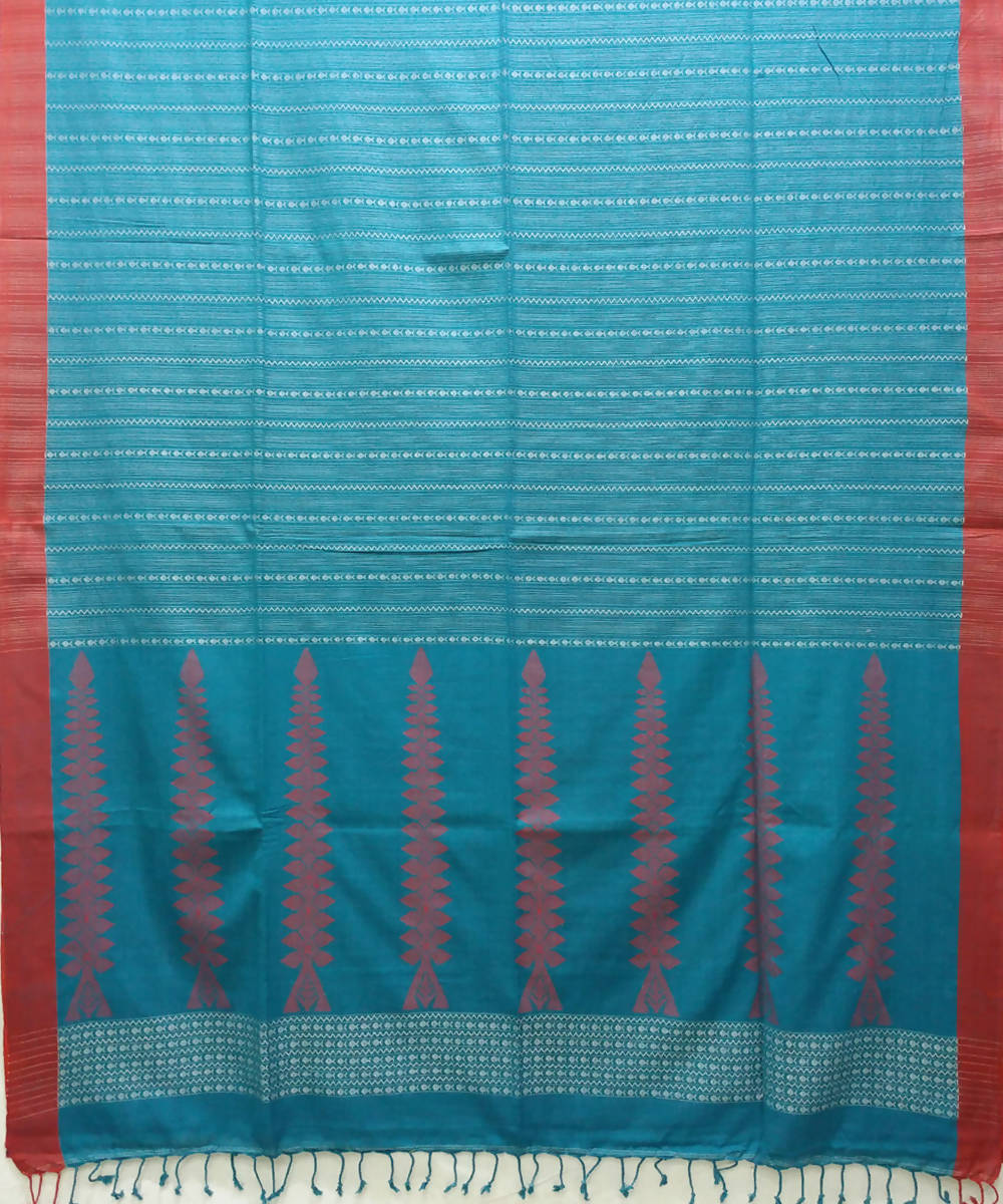 Bengal handspun cotton handwoven cyan blue saree