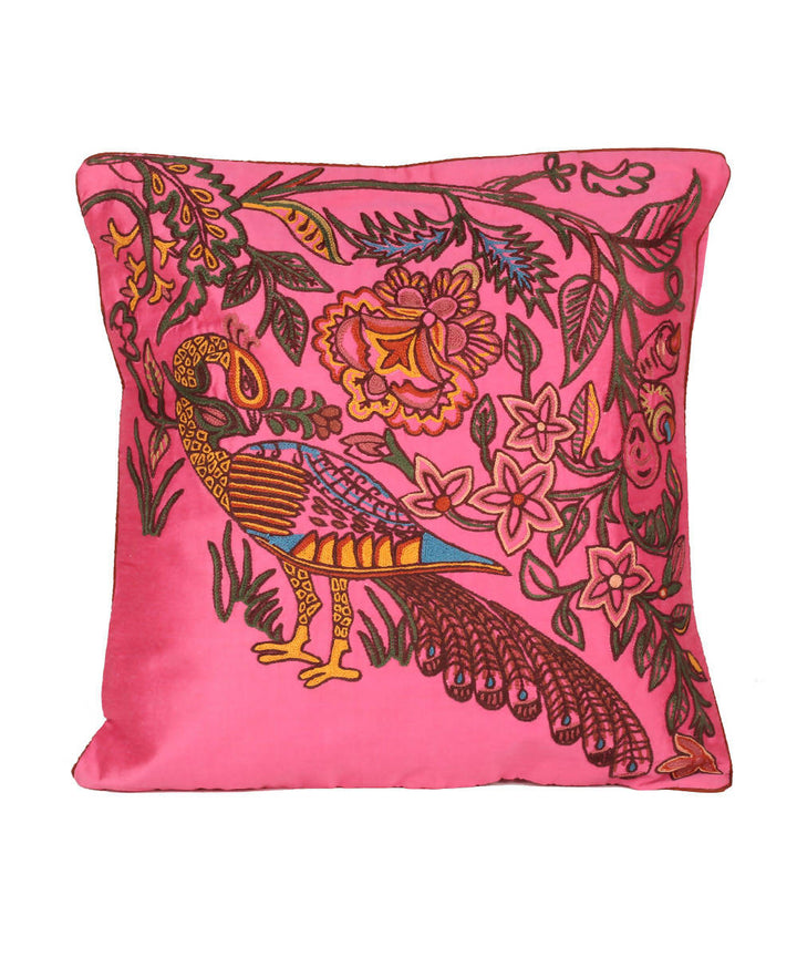 Blush pink handcrafted aari embroidery cotton silk cushion cover