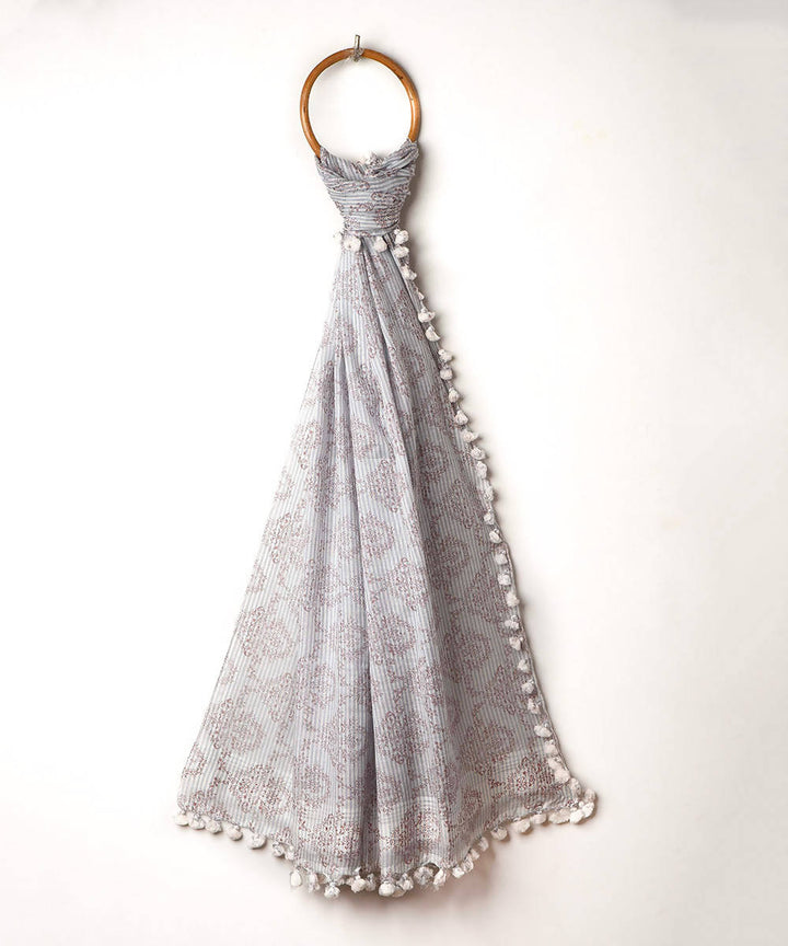 Grey handwoven cotton silk printed stole