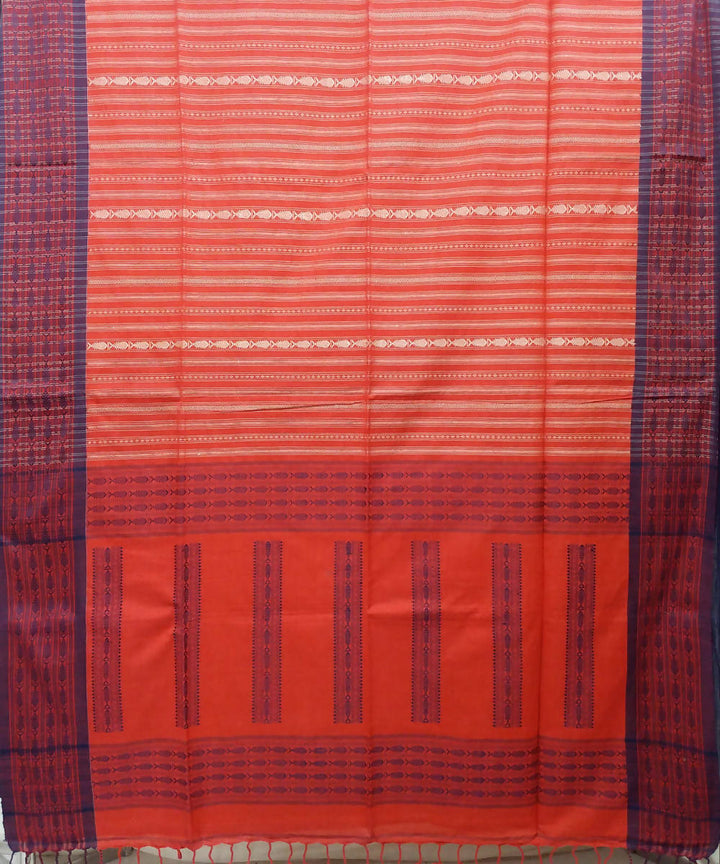 Red stripe Handspun Handwoven Cotton Saree