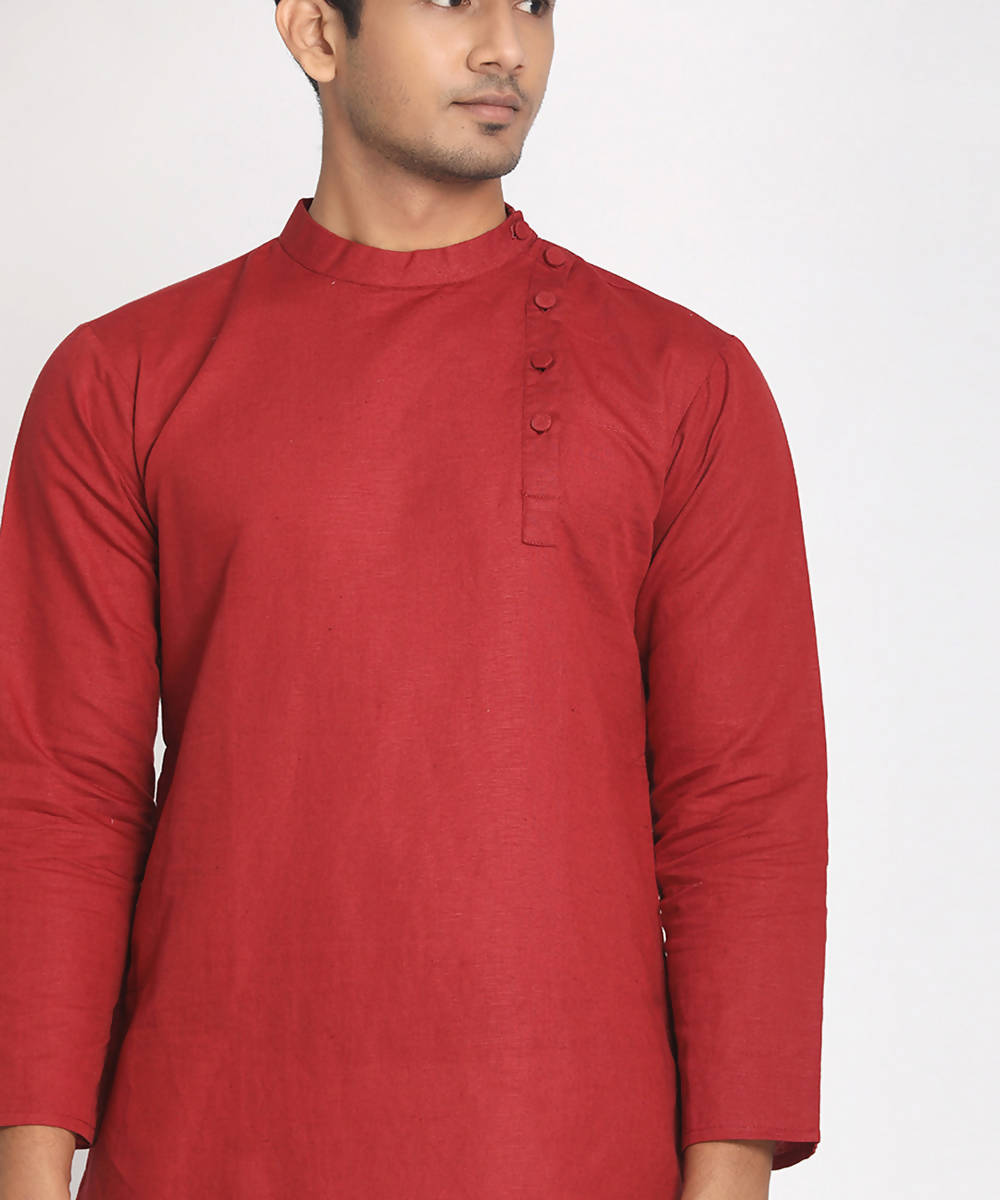Red cotton straight long kurta with side button