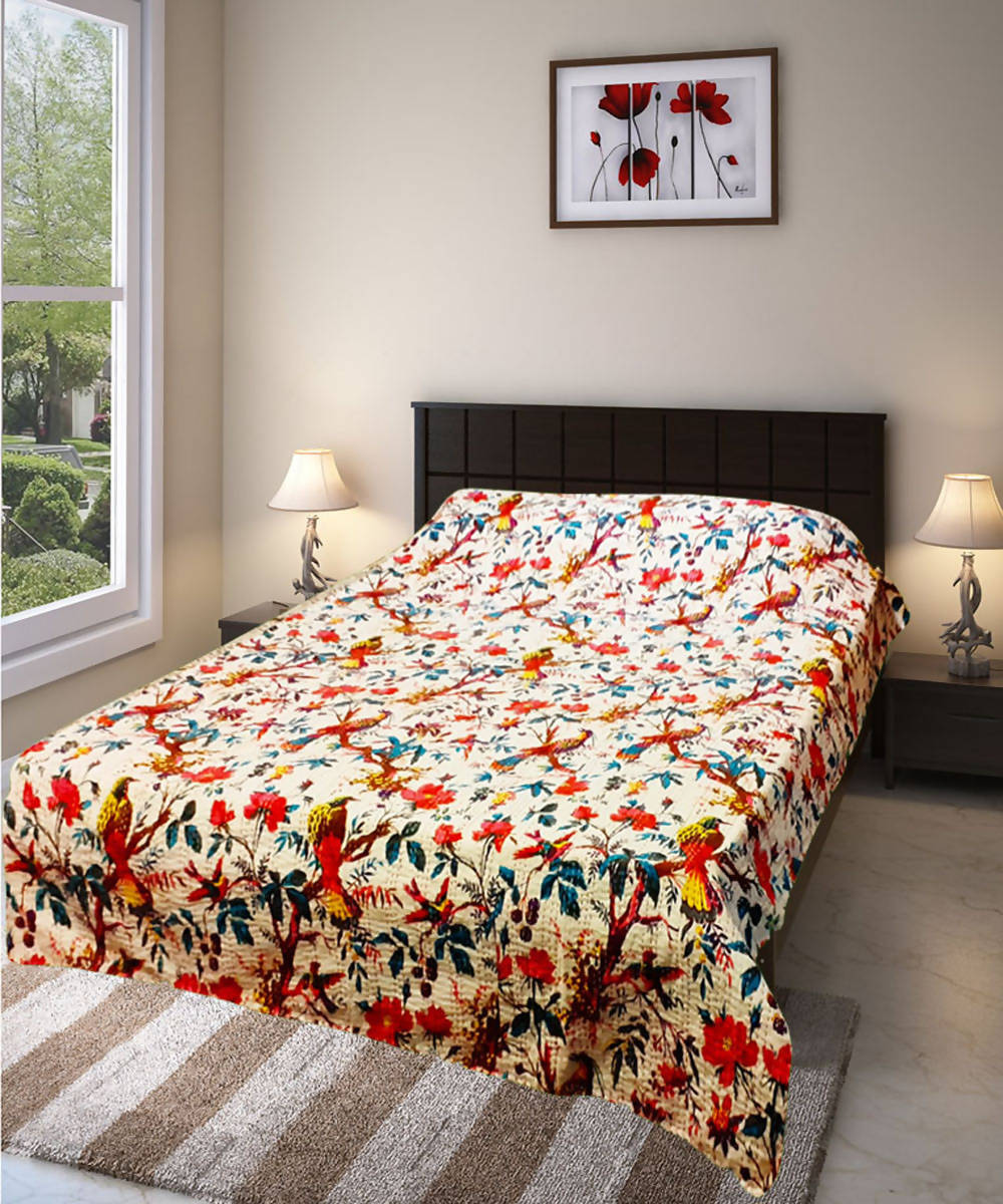 Off white kantha work double layered cotton bedcover (Single Bed)