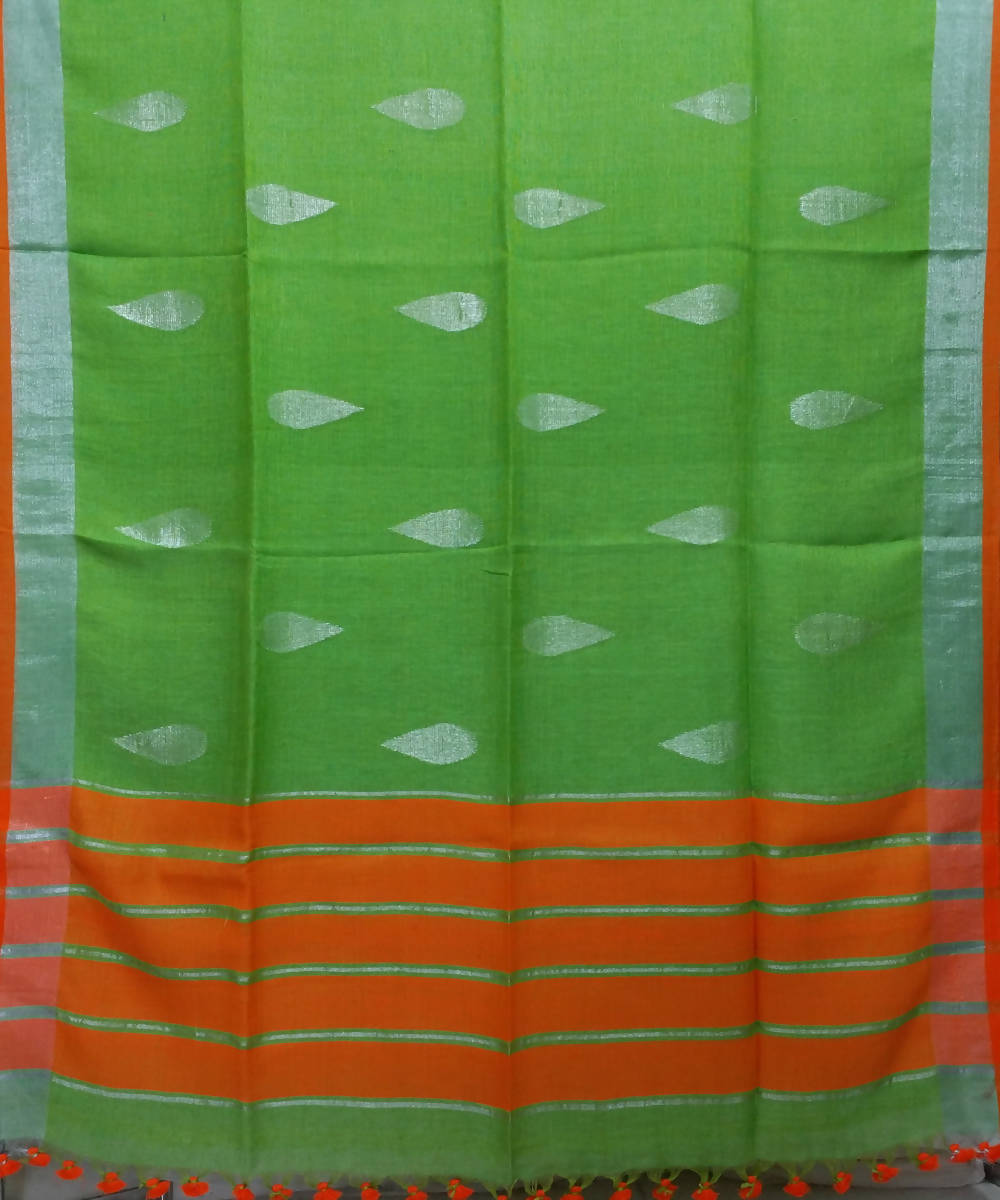 Green Orange Handwoven Linen Jamdani Saree