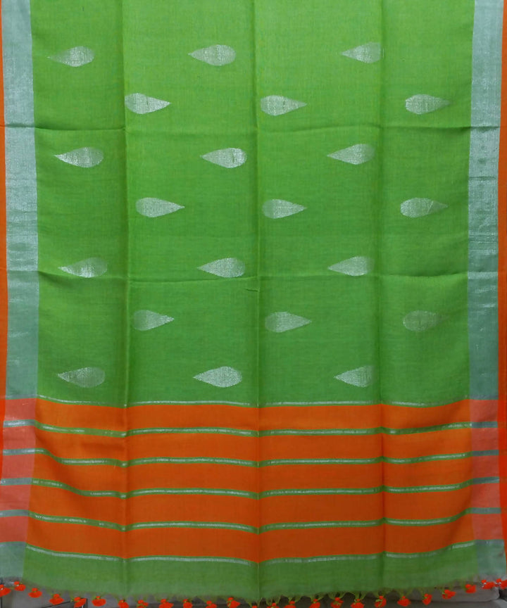 Green Orange Handwoven Linen Jamdani Saree
