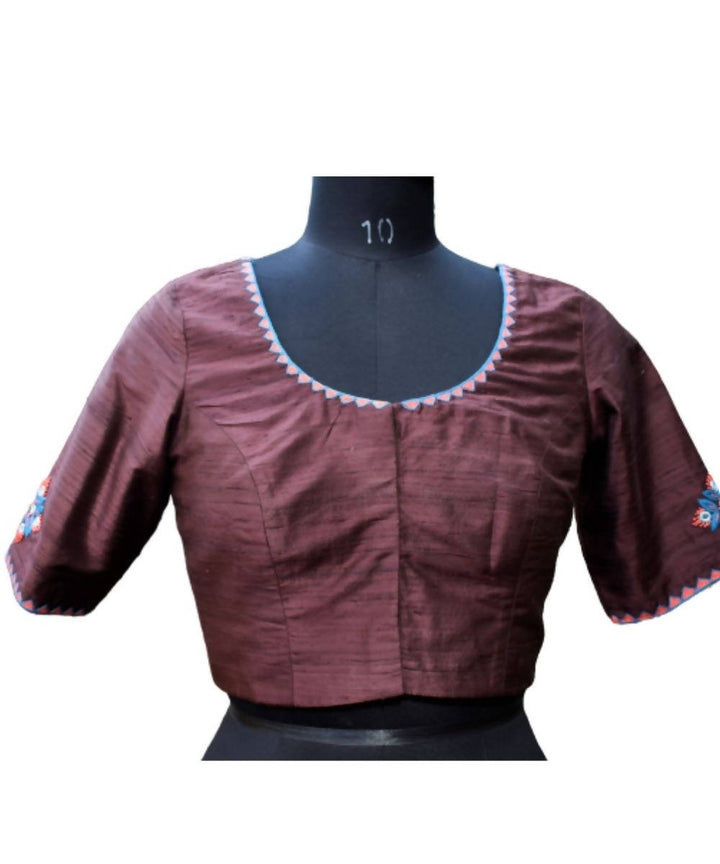 Brown raw silk blouse with embroidery banjara motifs