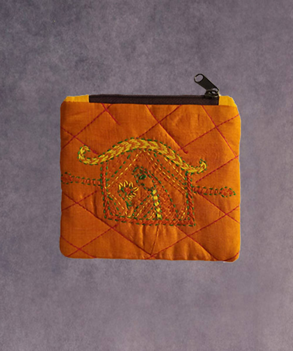 Mustard orange hand made kantha stitch silk coin purse