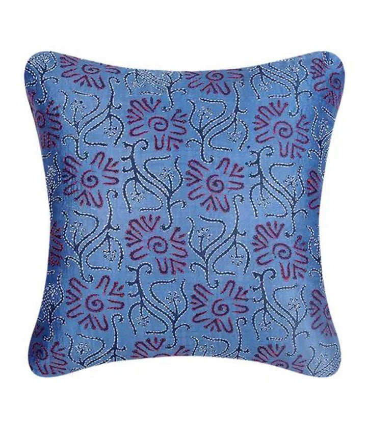 Blue kantha stitch hand embroidery tussar silk cushion cover