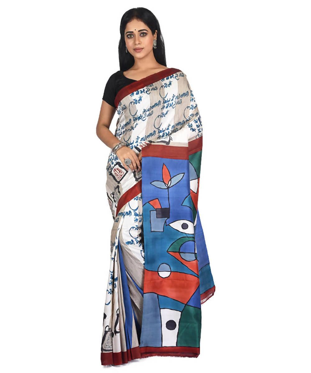 Beige handloom silk with tussar ketia stripe saree