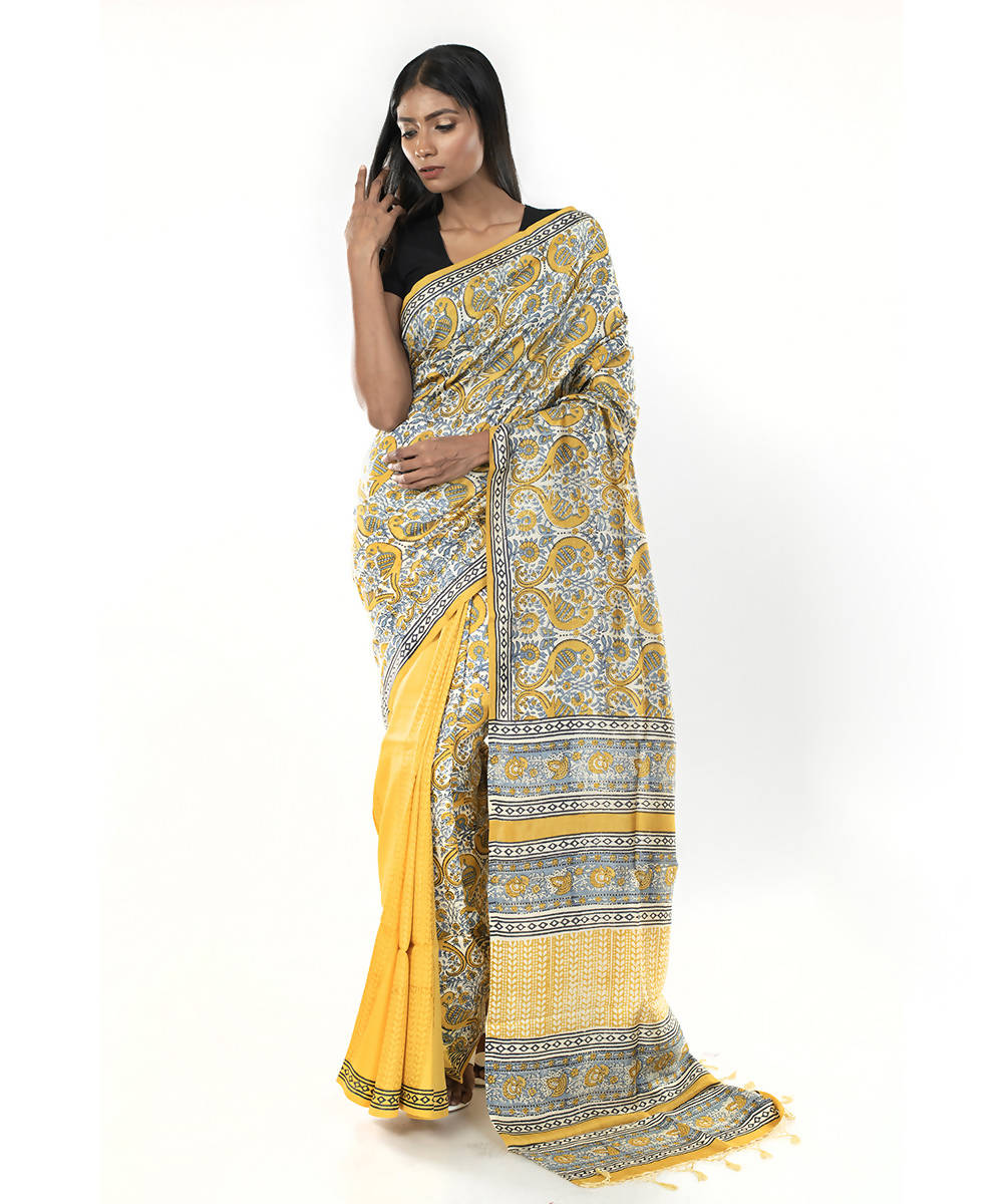 Yellow black hand block print bengal silk saree