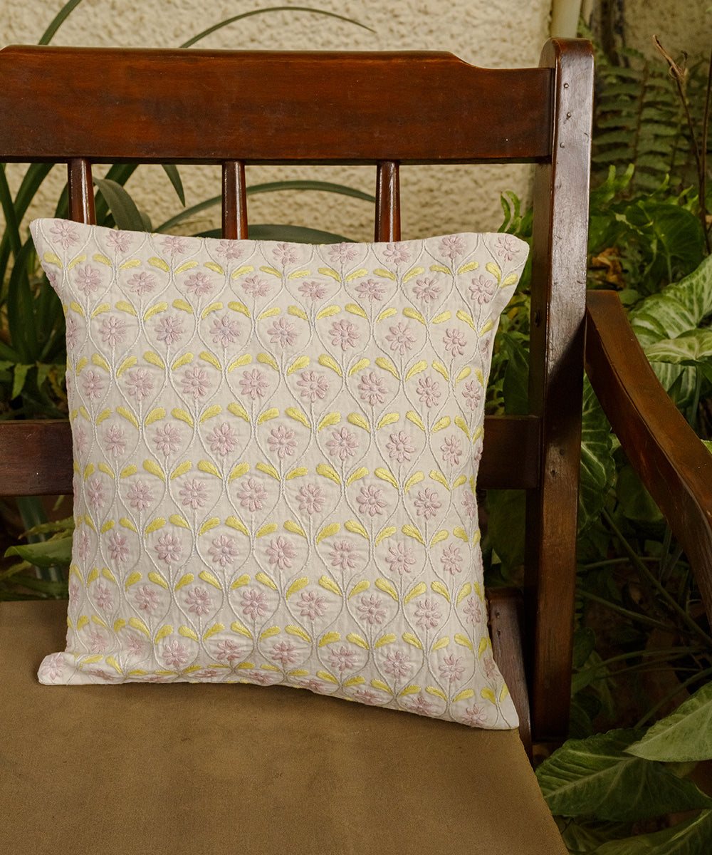 Off white handcrafted chikankari cotton cushion cover
